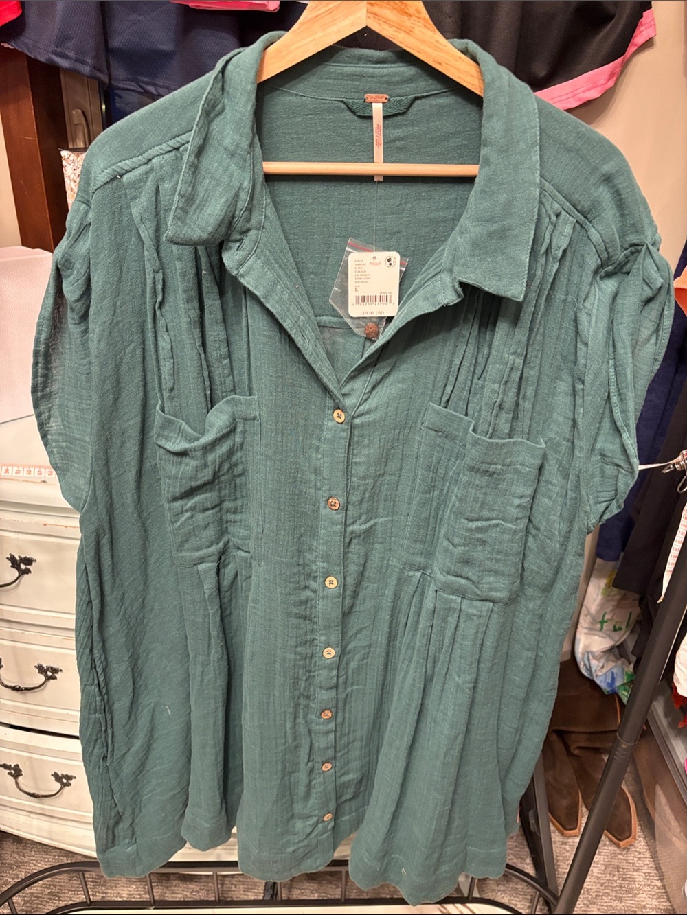 Free People Jade Green Gauze Button-Up Shirt